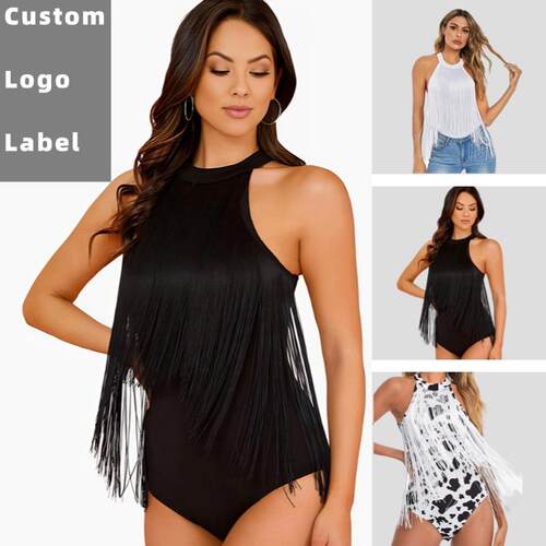 Women's Solid Fringe Trim Tank Bodysuit  Casual Fitted