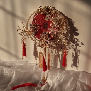 9JO中式 喜扇秀禾扇新娘结婚出嫁团扇双面古风长柄成品手工diy材料