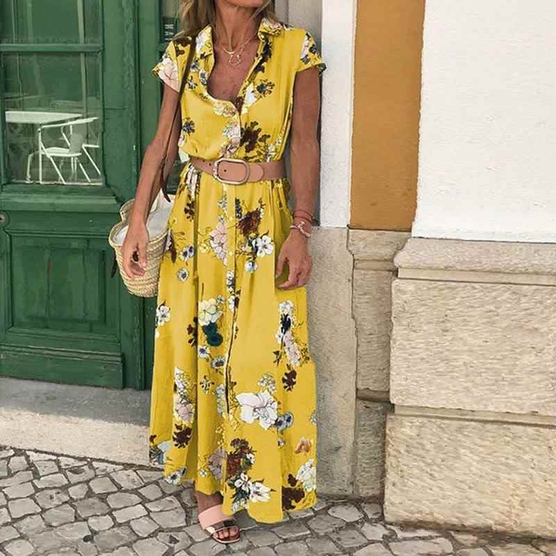 dress long belt loose V-neck pattern style commuter ethnic