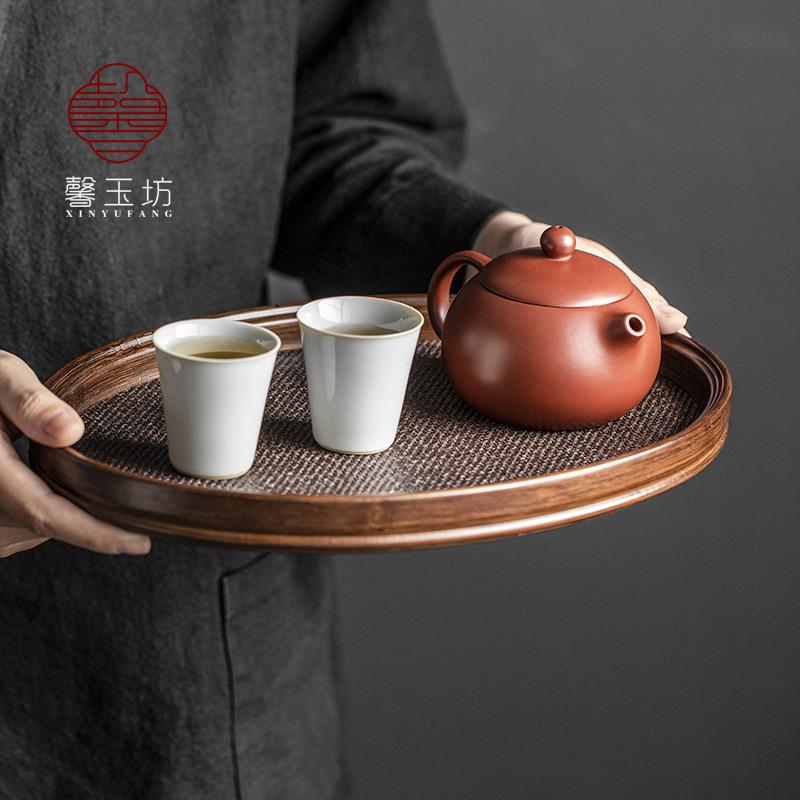 圆竹制托盘复古编织席面茶托小泡椭台式干藤编日收纳盘F97S88J6新