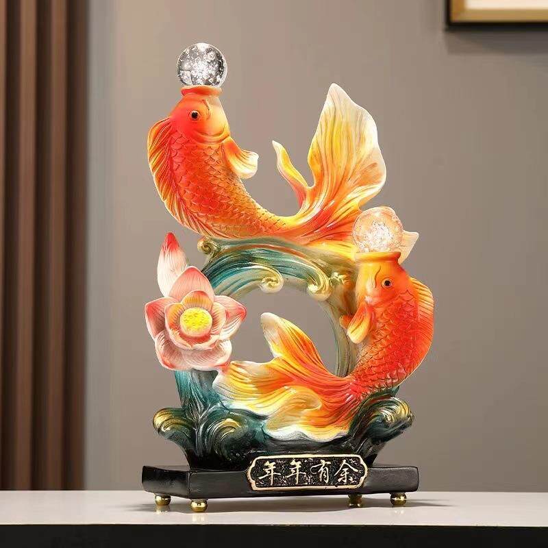 新款直销新中式高档双鱼摆件招财客厅电视柜玄关展示柜装饰品乔迁