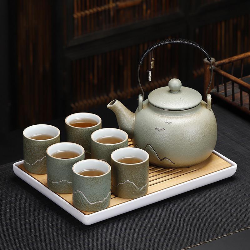 粗陶提梁壶大号饭厅套装家用客厅喝茶杯简约大容量陶瓷泡茶壶茶盘