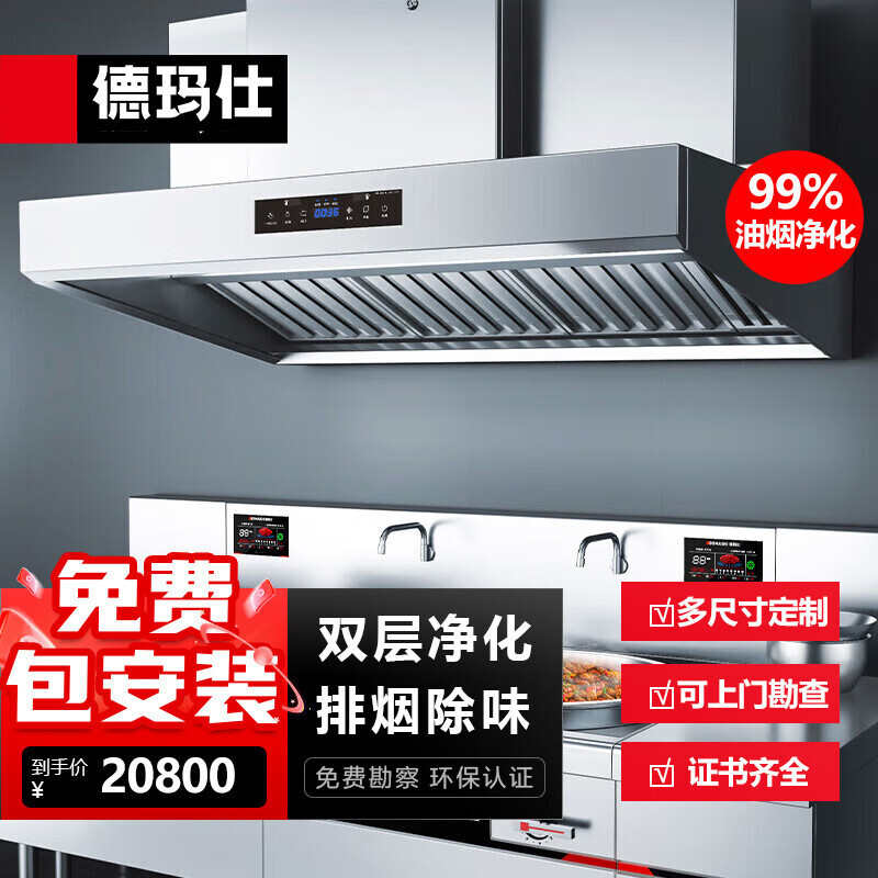 德玛仕商用抽油烟机厨房油烟排烟净化机大吸力不锈钢吸油烟净化器