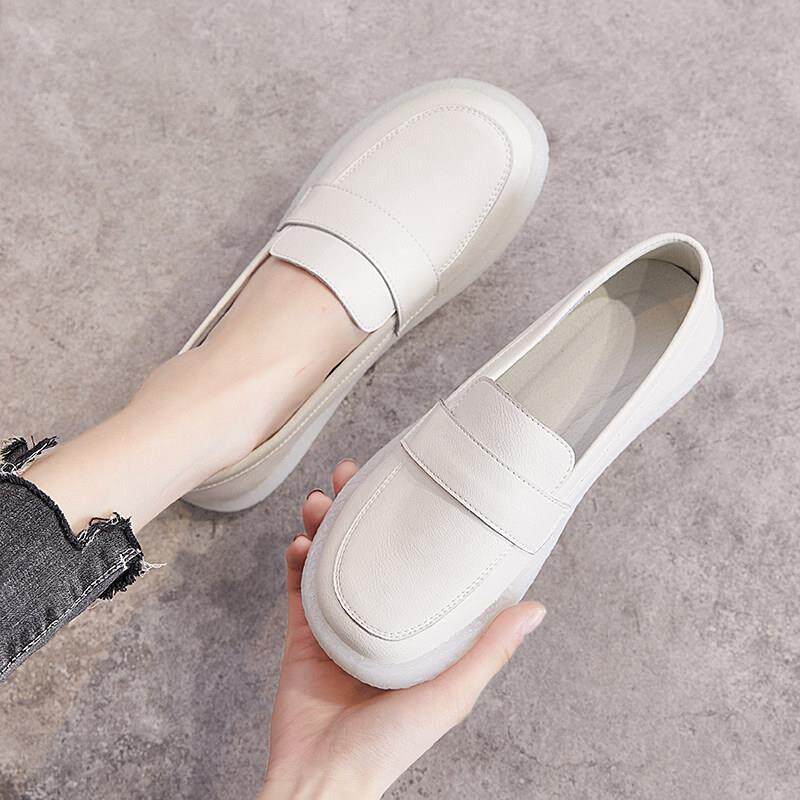 牛筋底真皮小白鞋女浅口单鞋舒适平底白色一脚蹬孕妇鞋软底护士鞋