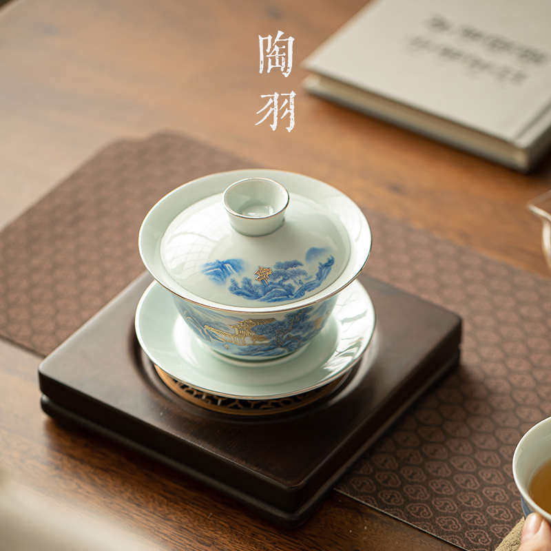 景德镇手工青花山水三才盖碗敬茶碗泡茶碗家用功夫茶具全陶瓷茶具