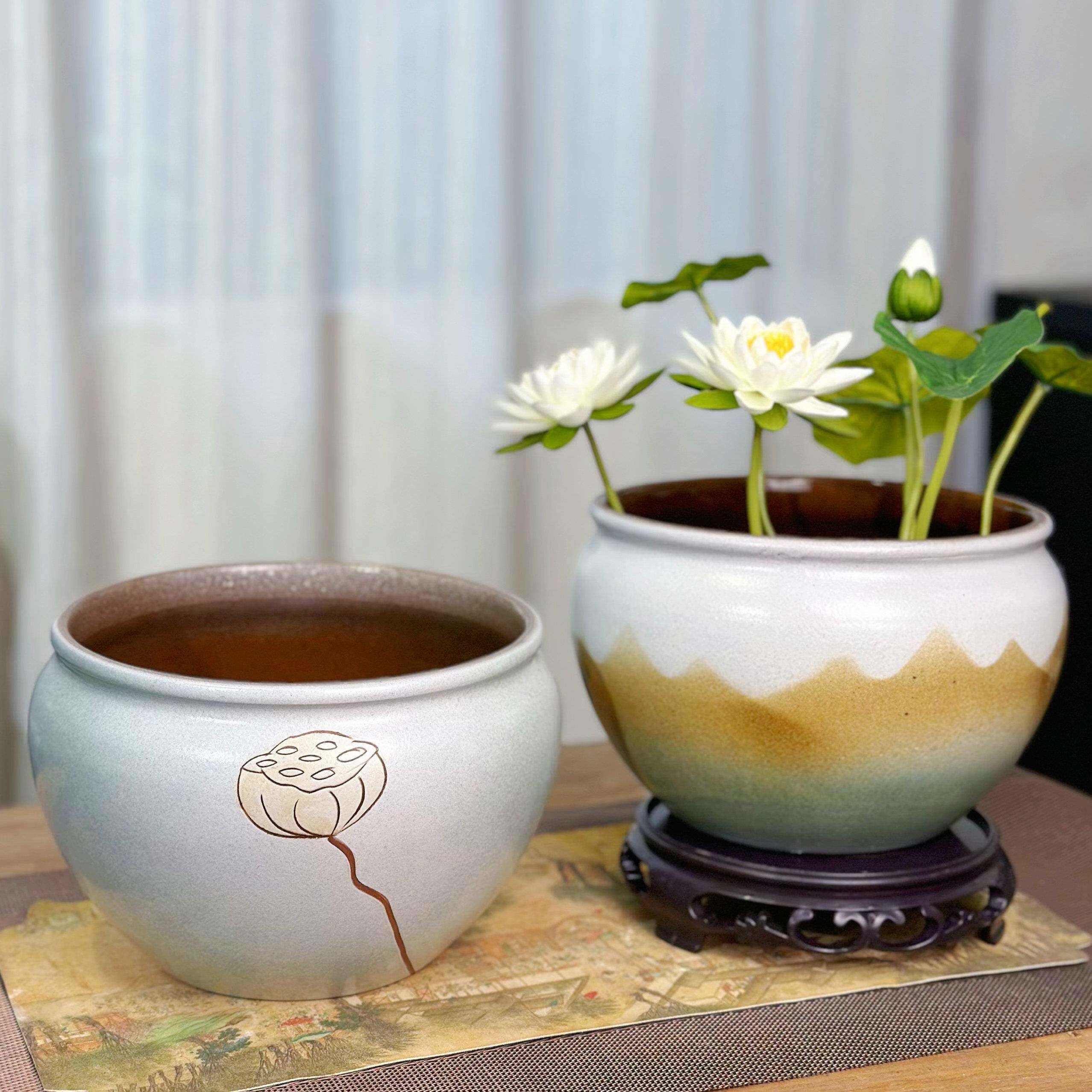碗莲花陶瓷花盆莲花花盆睡莲花盆陶瓷水培花盆覆古大花盆