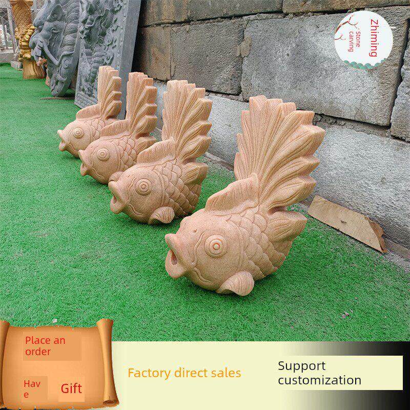 晚霞红石雕鱼壁挂流水动物雕塑户外庭院阳台喷泉石头鱼天然摆件