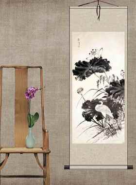 高档墨荷绢花画中水国画卷轴花鸟挂家装古玩香礼品张大画千礼品画