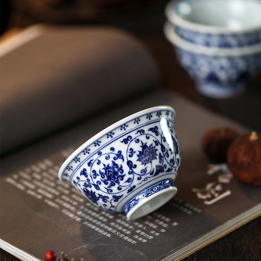 博物馆手绘青花永乐压手杯景德镇品茗茶杯陶瓷中式复古主人杯