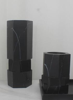 现代轻奢风大理石纹六边花器摆件样板间酒店展厅高档插花瓶装饰品