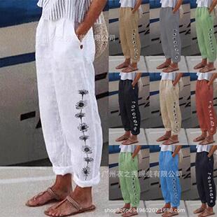 Dandelion Print Pants Boho Casual Trousers Comfy Daily Wear