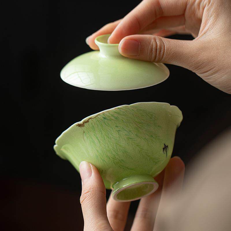 弥言泡纯手绘碧绿—手柳树燕盖碗子茶功杯夫茶具手工陶瓷花口茶碗