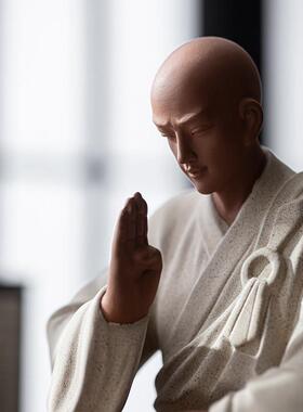 炼器新中式紫砂小和尚摆件禅意陶瓷人物客厅茶桌装饰鱼缸假山造景