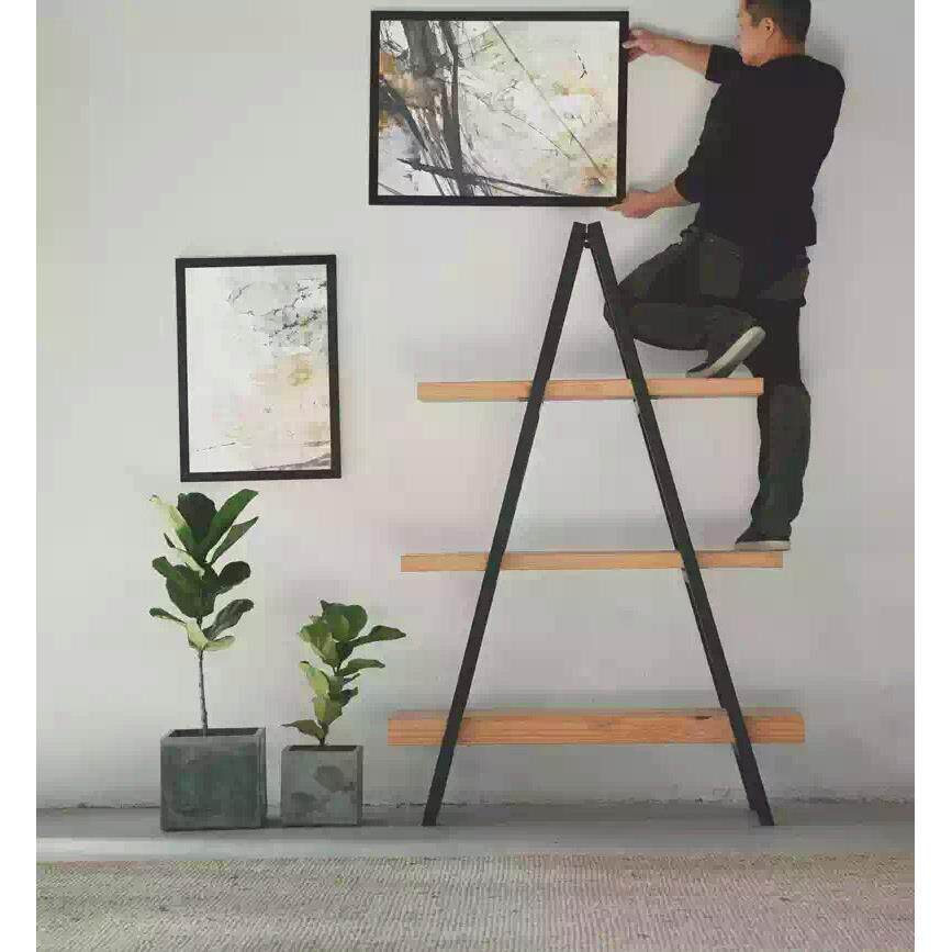 美式铁艺木质书架置物架楼梯简易落地A型陈列架展示架工业风