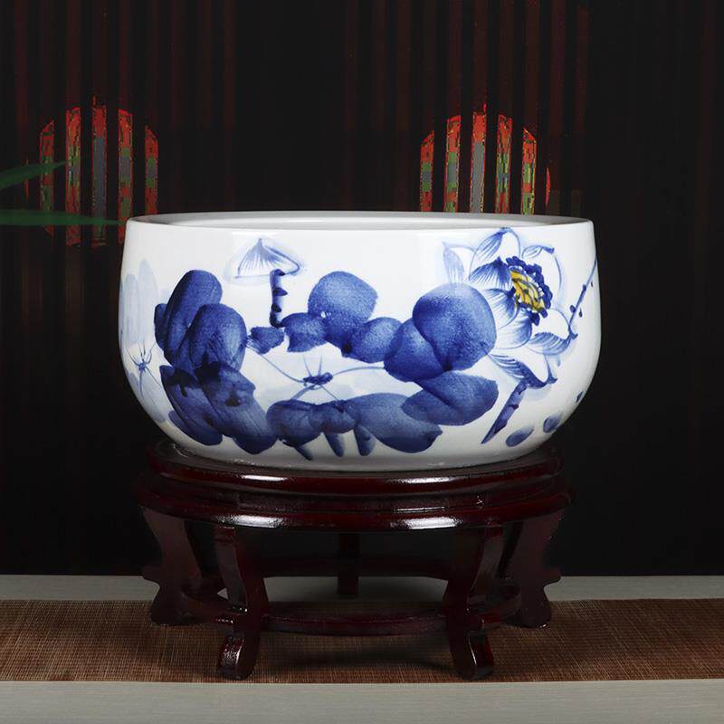 正品景德镇手工创意陶瓷鱼缸养鱼盆客花厅摆件家龟用乌缸睡盆莲荷