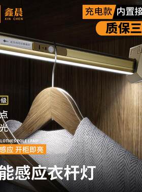 带灯挂衣杆衣柜内衣整体橱柜lED智能人体感应无灯点充电可接线衣