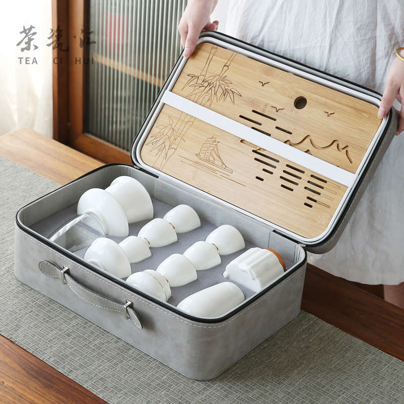 羊脂玉白瓷茶具便捷式车载露营户外旅行茶具大套装高档出差泡茶壶