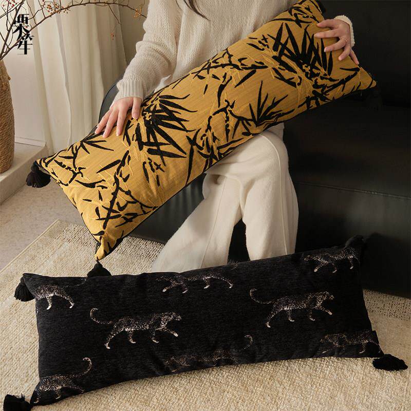 新中式覆古流苏长腰枕竹叶豹纹长条客厅沙发靠枕床头长靠垫可拆洗