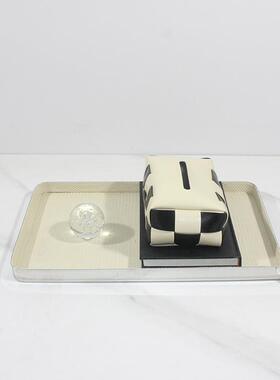 现代极简艺术皮革银边白色托盘样板间售楼处餐厅茶几桌面收纳摆件