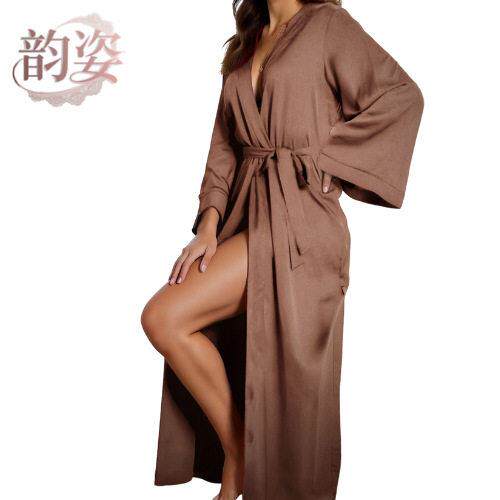 Women Belted Robe Casual V Neck Sleeve Dressing Gown Lady