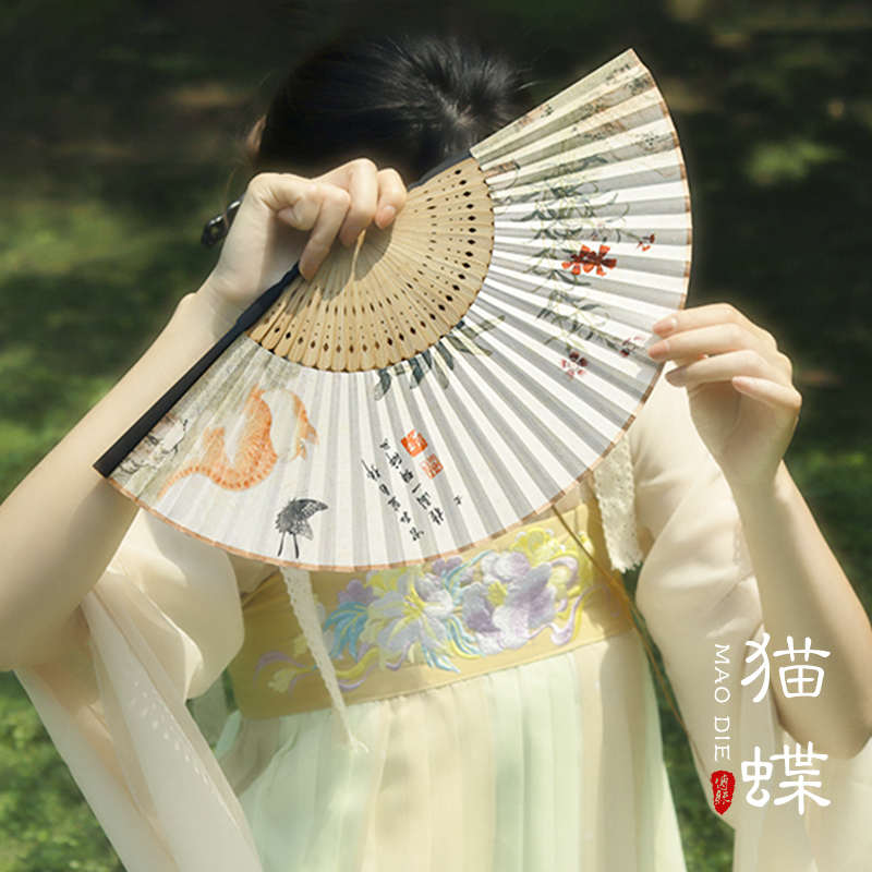 扇子折扇古风新中式女生旗袍舞蹈扇子随身扇便携折叠扇镂空全竹扇