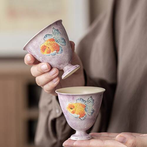 金鱼紫鳞手绘陶瓷主人杯下午茶品茗杯送礼高足茶杯女士高脚杯精致