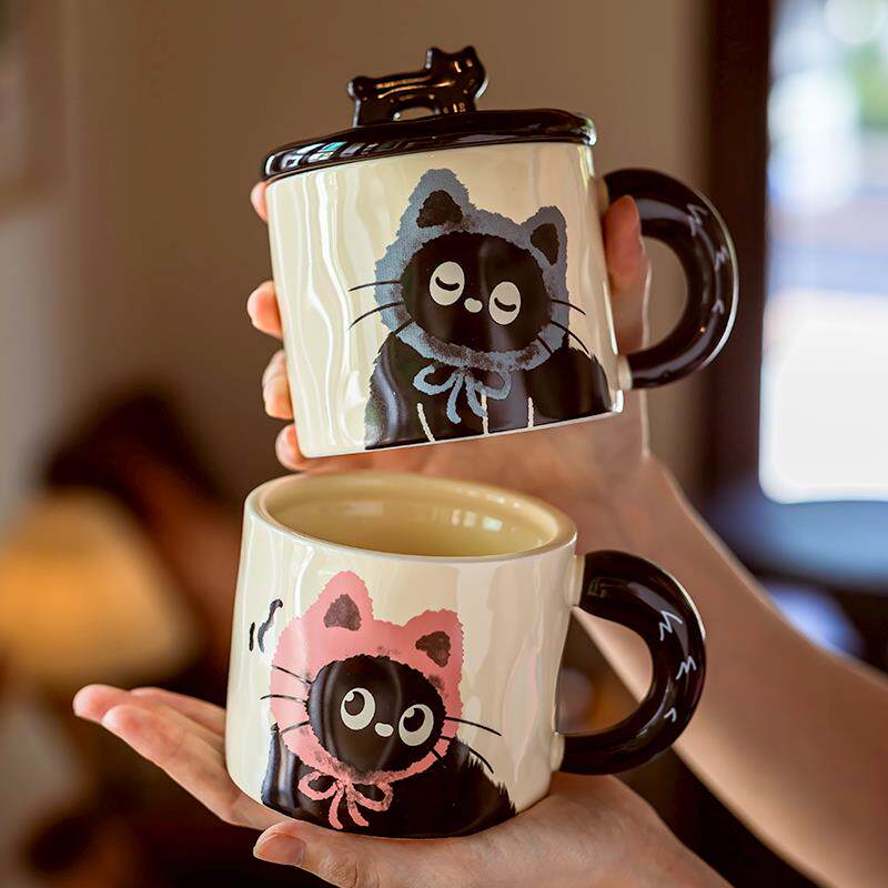 可爱猫咪杯子情人节生情侣日礼物水杯女生办公室陶瓷马克杯带盖勺