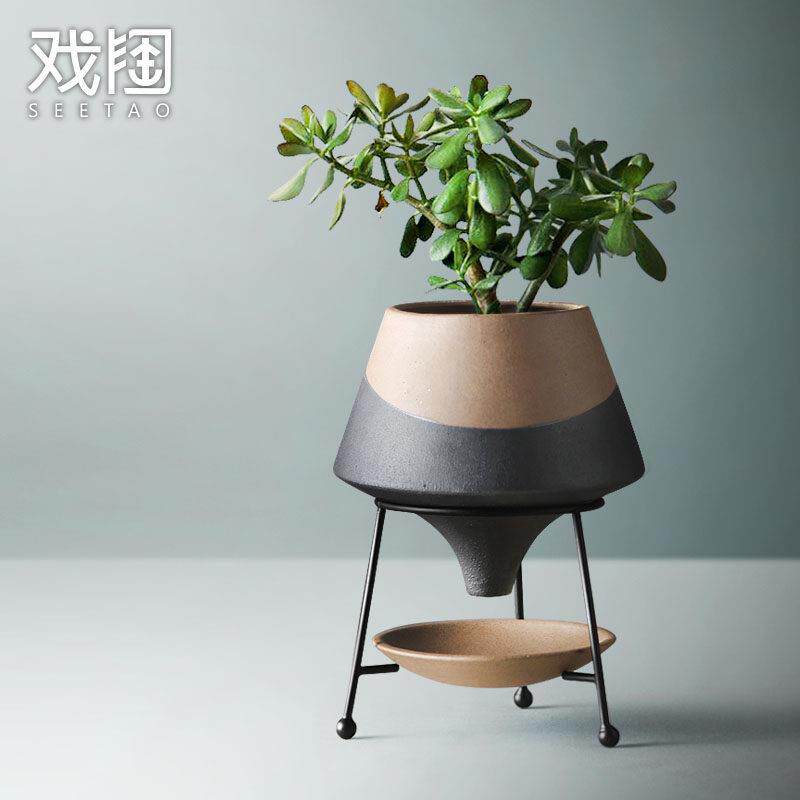 创意多肉陶瓷铁艺花盆北欧ins花器铁架客厅摆件盆栽架子盆景