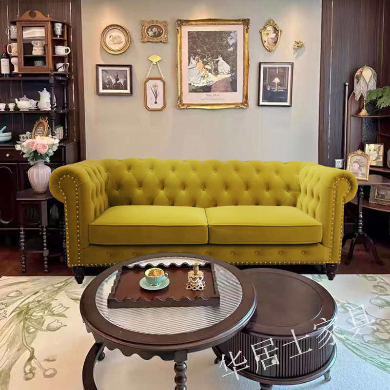 N5美式布艺复古绿丝绒沙发法式轻奢客厅小户型中古拉扣欧式直排沙