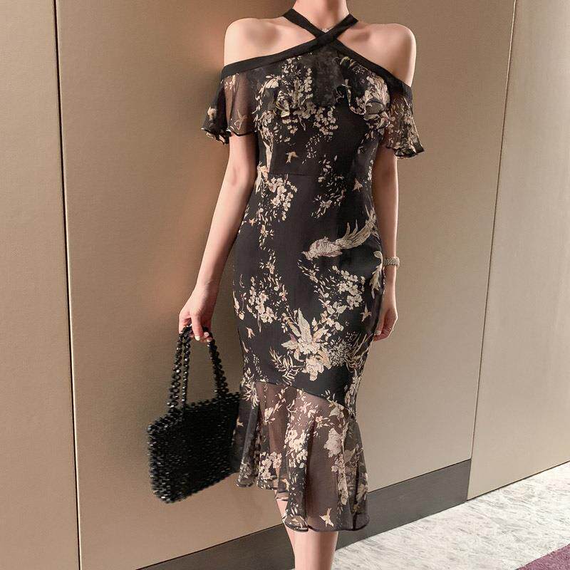 2026夏装新款女装性感露肩挂脖荷叶边印花修身显瘦鱼尾连衣裙1938