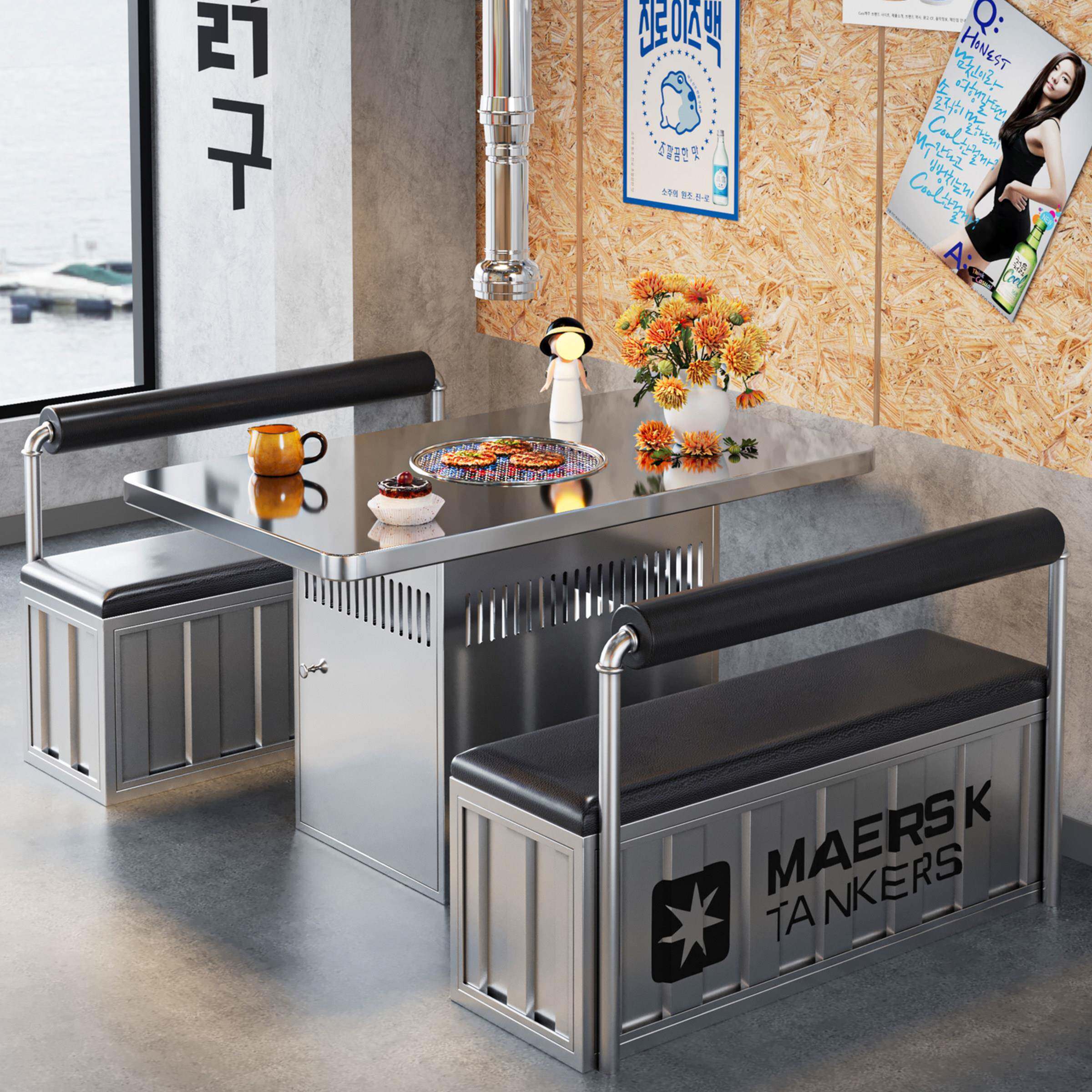 商用不锈钢户外烤肉桌韩式烧烤火锅店餐桌圆凳铁艺卡座沙发椅组合