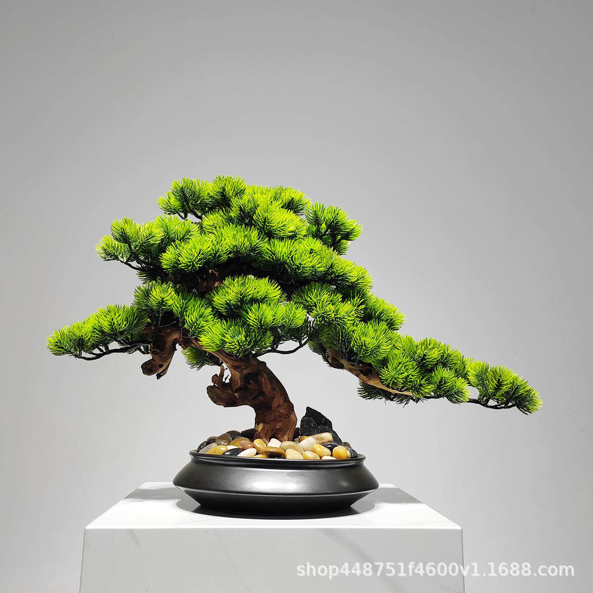 新中式植物盆景迎客松仿真松叶崖柏造景酒店大厅走廊玄关装饰摆件