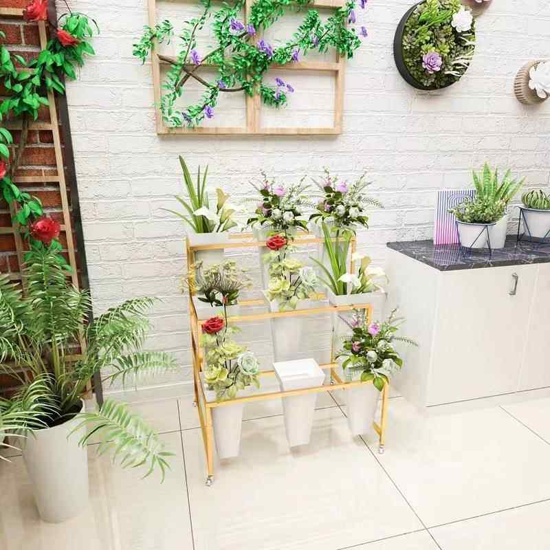 金色花架鲜可移花动架带万向轮铁艺花店展示架架货架鲜花桶202308