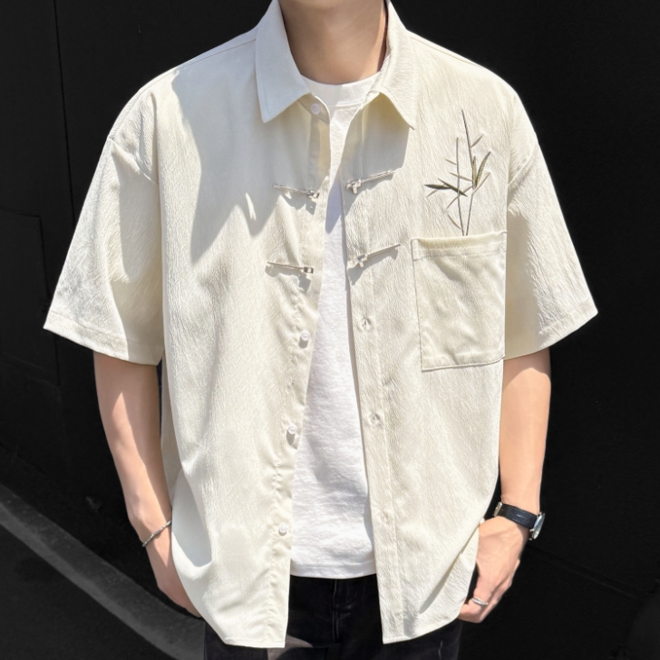适用于夏季薄款新中式国风刺绣短袖衬衫男士小众设计感百搭半袖复