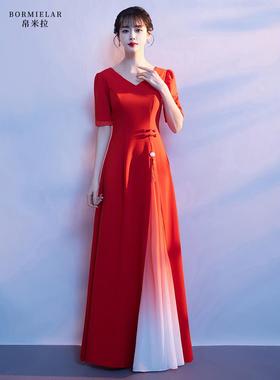 正品十一古国庆大红色合唱团演出领服女长典裙V主持人红歌大码古