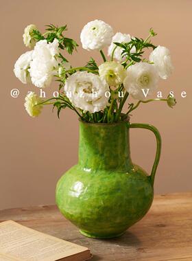 高级感复古绿色陶瓷花瓶家居装饰摆件客厅鲜花插花艺术花器中古