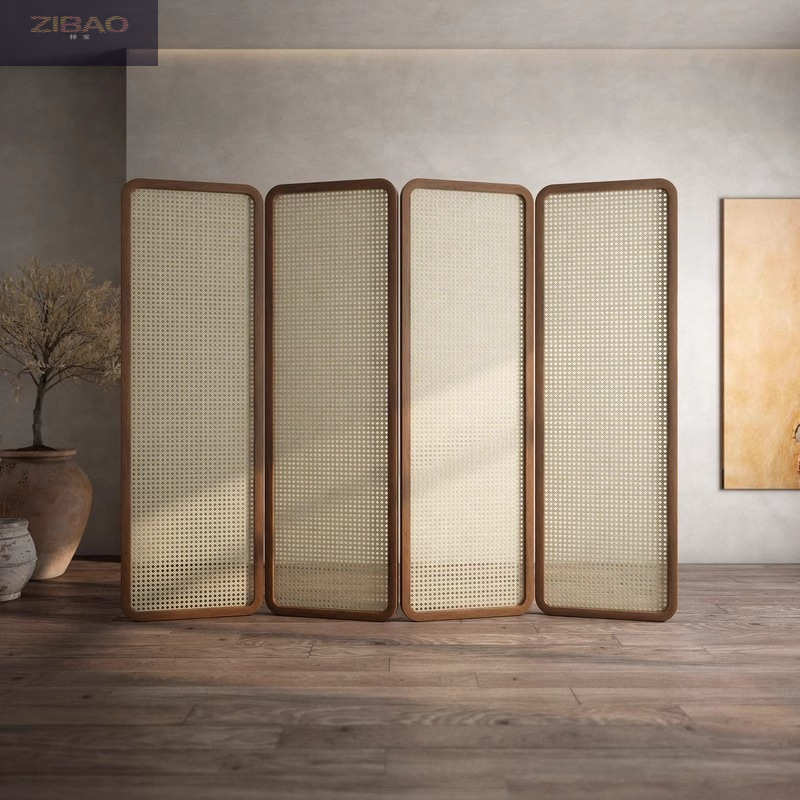中新中式藤编屏风隔断客厅进门遮挡办公室入户遮挡折叠移动实木折
