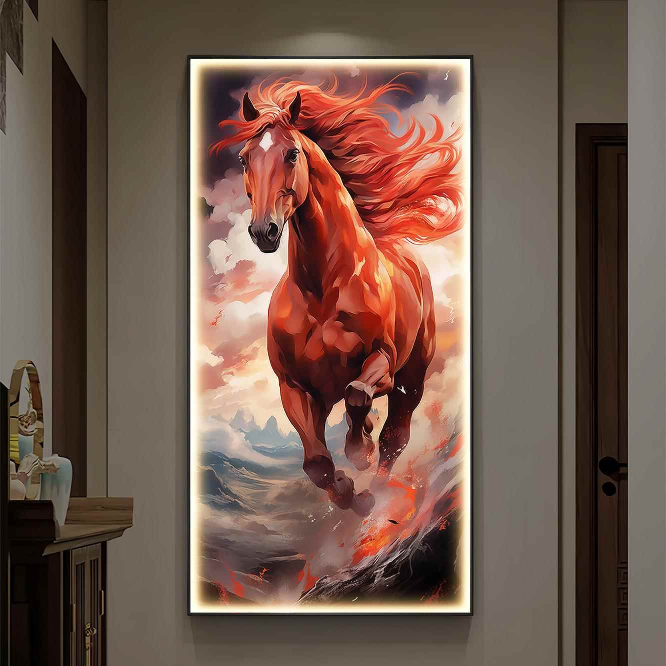 带灯红色骏马图马到成功玄关装饰画发光客厅壁画走廊入户过道挂画