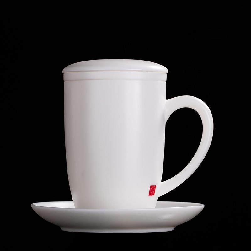 张国进手造素烧羊脂玉瓷办公杯茶水分离泡茶杯亚光白瓷带盖会议杯