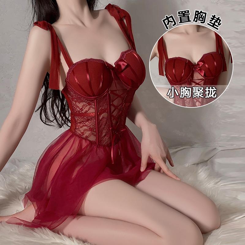 内衣女蕾丝吊带背心显瘦小胸聚拢加厚文胸红色美妆氛围感大尺码胸