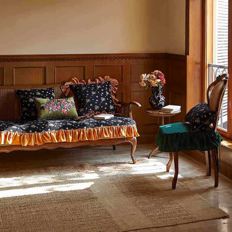 9QXC偏集美式复古抱枕叶边客厅沙爱发绣法式荷无品牌/玫瑰花绿色