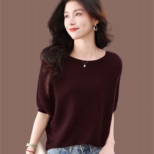 桑蚕丝蝙蝠衫t恤女冰丝针织上衣短款夏装新款一字领宽松短袖体恤