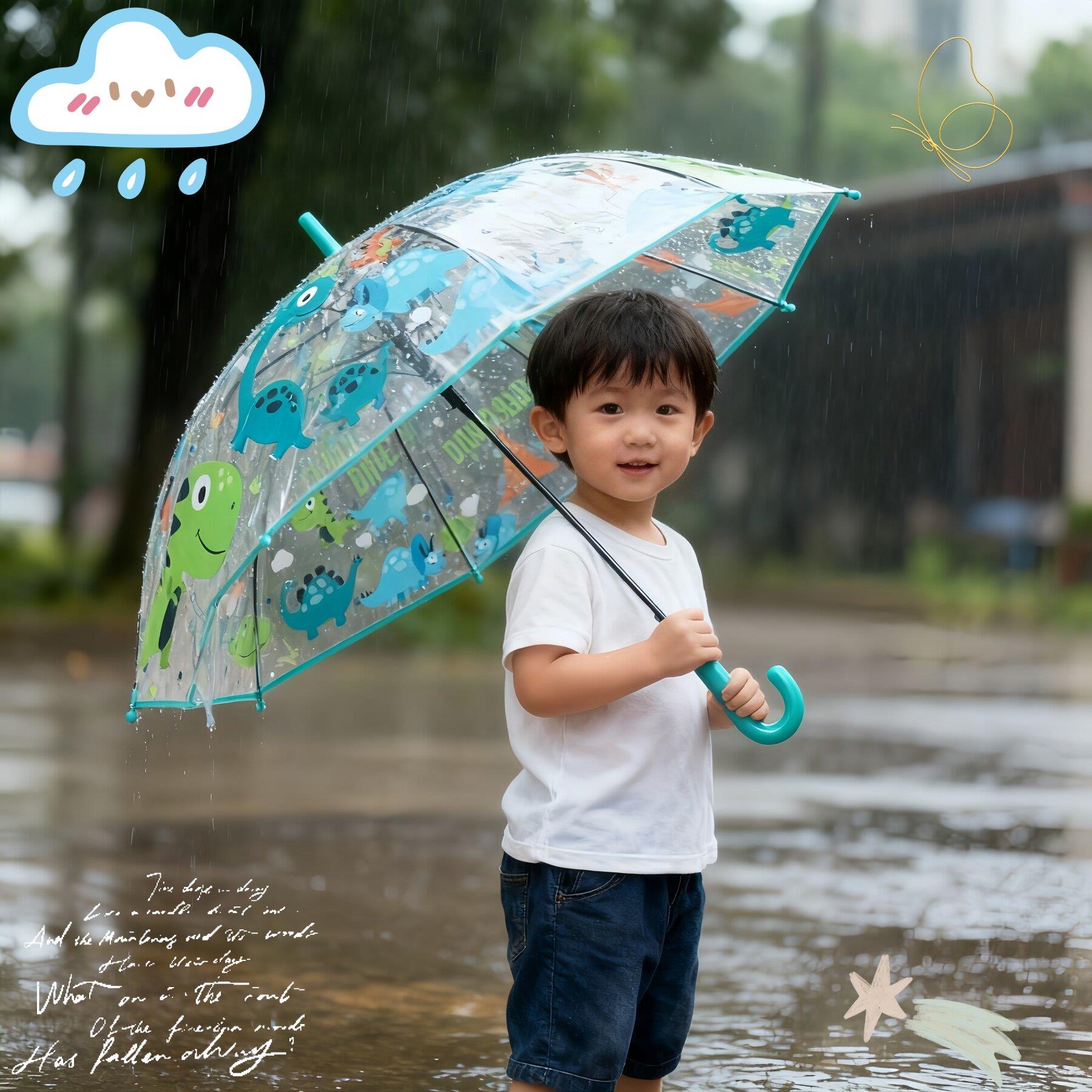 恐龙儿童雨伞透明长柄半自动男童小号拱形可爱轻便安全幼儿园小伞