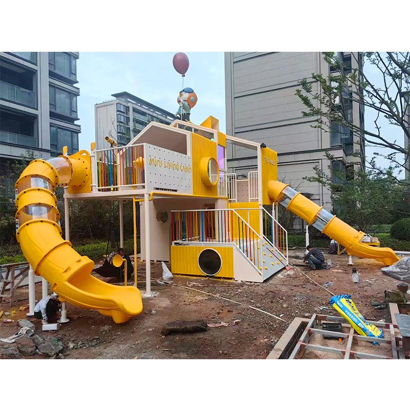 塑料儿童滑梯户外树屋造型游乐设施房子无动力游乐设备攀爬网钻洞图片