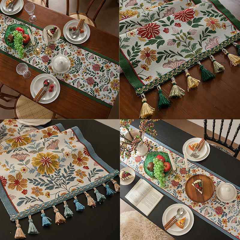 美式复古桌旗高级感提花布艺客厅装饰餐边柜长条流苏桌旗茶旗盖巾