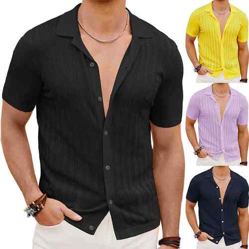 Men's knitted cardigan, cool hollow short sleeved men's