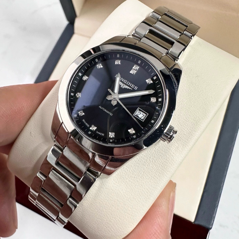 9.8新 浪琴康铂系列精钢自动机械腕表黑面钻石女表L2.285.4.58.6