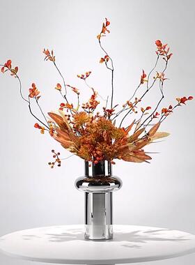 现代简约橙色仿真花艺样板房软装客厅茶几插花轻奢餐桌花家居摆件