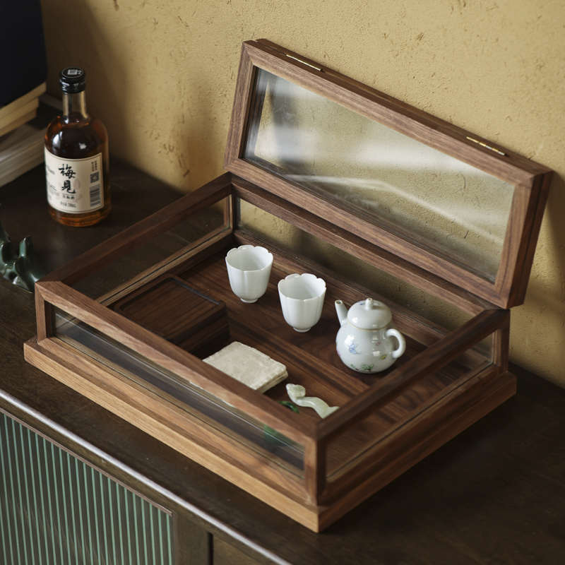 臻曦胡桃木复古中式透明玻璃防尘收纳柜茶具摆件展示柜实木陈列柜