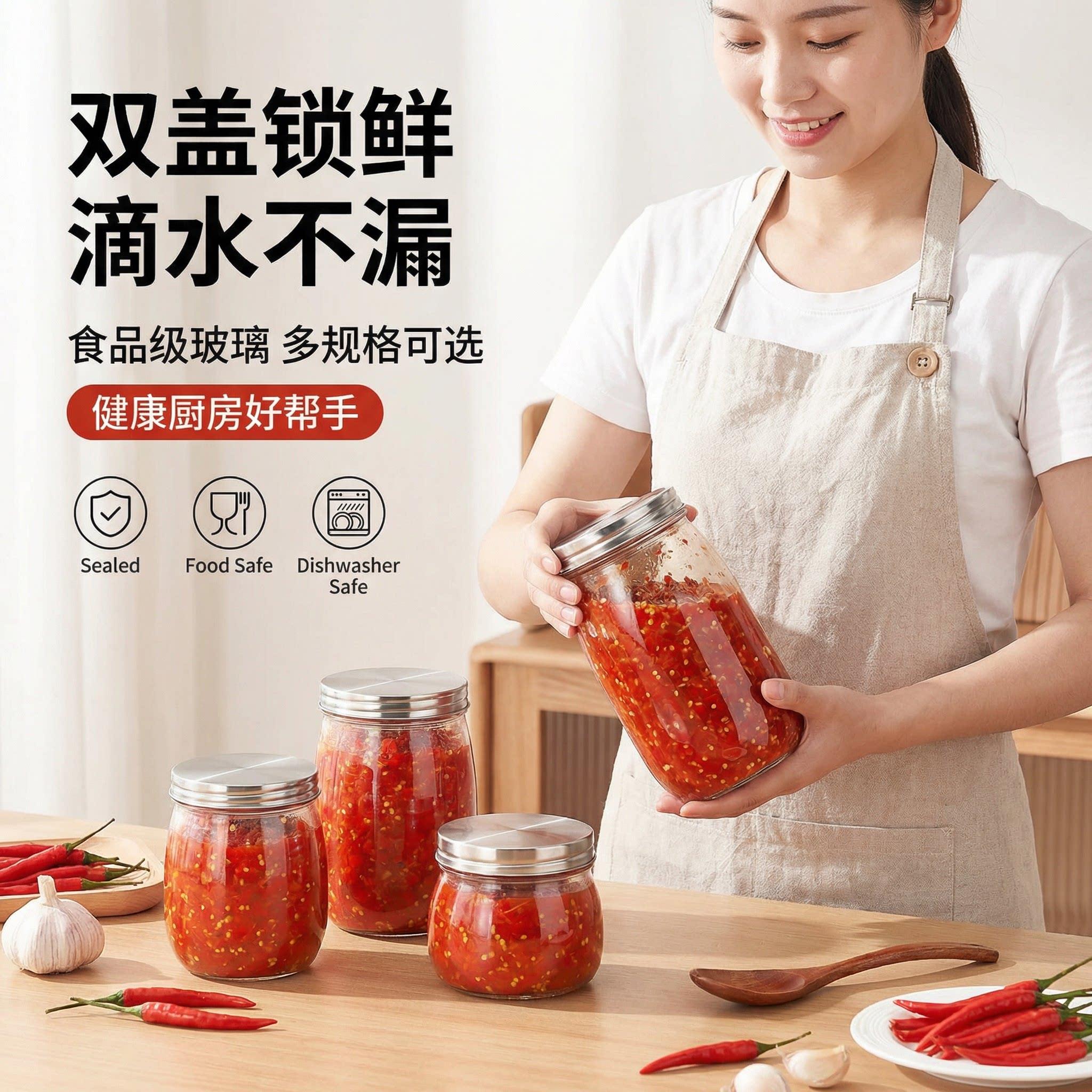 食用级玻璃密封罐装辣椒油的草莓酱牛肉酱咖啡豆剁椒油罐空瓶子图片